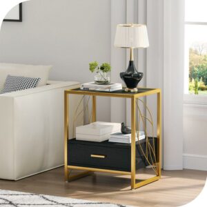 Dextrus End Table with Drawer and Storage Shelf, Modern Nightstand Table Sofa Side Table with Sintered Stone Tabletop and Metal Leaf Shaped Frame for Living Room, Bedroom, Black and Gold