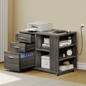 Dextrus Mobile Wood Lateral File Cabinet W/ Charging Station and Lock Printer Stand