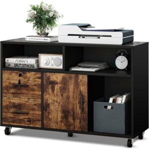 Dextrus Wood File Cabinet, 2 Drawer Mobile Lateral File Cabinet Printer Stand with Open Storage Shelves for Home Office, Black & Rustic Brown