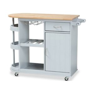 Baxton Studio Donnie Coastal and Farmhouse Two-Tone Light Grey and Natural Finished Kitchen Storage Cart