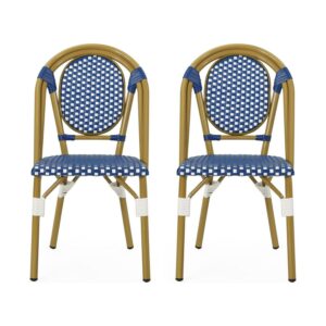 Noble House Remi Aluminum & Faux Rattan Bistro Chairs in Blue/White (Set of 2)