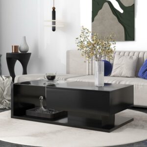 EUROCO 39.3" Coffee Table with Tempered Glass, Wooden Cocktail Table with High-gloss UV Surface, Modernist 2-Tier Rectangle Center Table for Living Room, Black