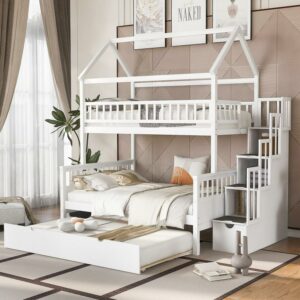 Euroco Twin XL over Queen Bunk Bed with Functional Cabinet and USB Charging Station for Kids Teens, White