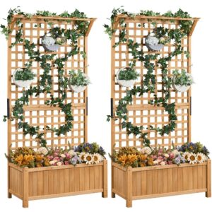 Renwick 2pcs 35.5″ L × 18″ W × 72″ H Wood Planter Raised Garden Bed with Trellis, Light Brown