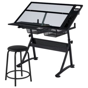 Renwick 36" Adjustable Glass Drafting Table with Stool, Black