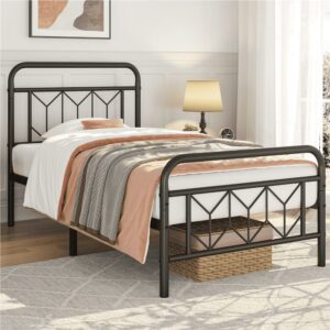 Renwick Aubrey Vintage Metal Chevron Platform Bed for Adult, Twin, Black
