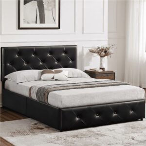 Renwick Diamond Button-Tufted Upholstered Platform Bed with Storage, Adult, Black, Full