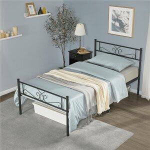 Renwick Modern Scroll Metal Platform Twin Bed for Adult, Black