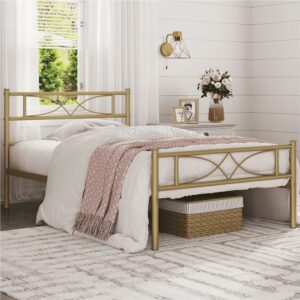 Renwick Twin Size Curved Design Metal Platform Bed, Adult, Antique Gold