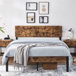 Renwick Metal Bed Frame with Wooden Headboard, Rustic Brown, Queen