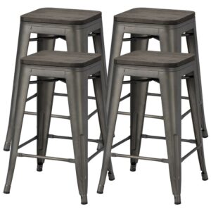 Renwick Metal Counter Stools Bar Kitchen stools with Wooden Seat, Set of 4, Gunmetal