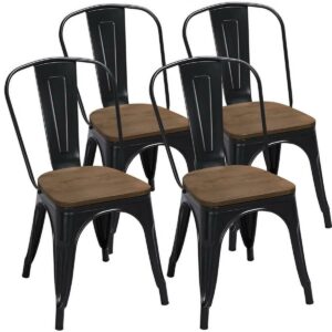 Renwick Metal Dining Chair with Wood Seat for Indoor Outdoor, Set of 4, Black