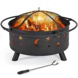 Renwick Round Metal Fire Pit with Stars Moons Pattern, Black