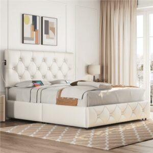 Renwick Upholstered Queen Bed with 4 Storage Drawers and USB Ports, Queen, Beige