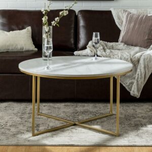 Walker Edison Modern Round Coffee Table, Faux White Marble/Gold