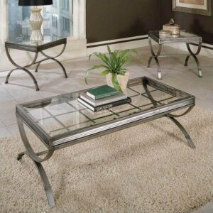 Steve Silver Emerson Windowpane Glass and Metal Silver Coffee and End Table 3 Piece Set