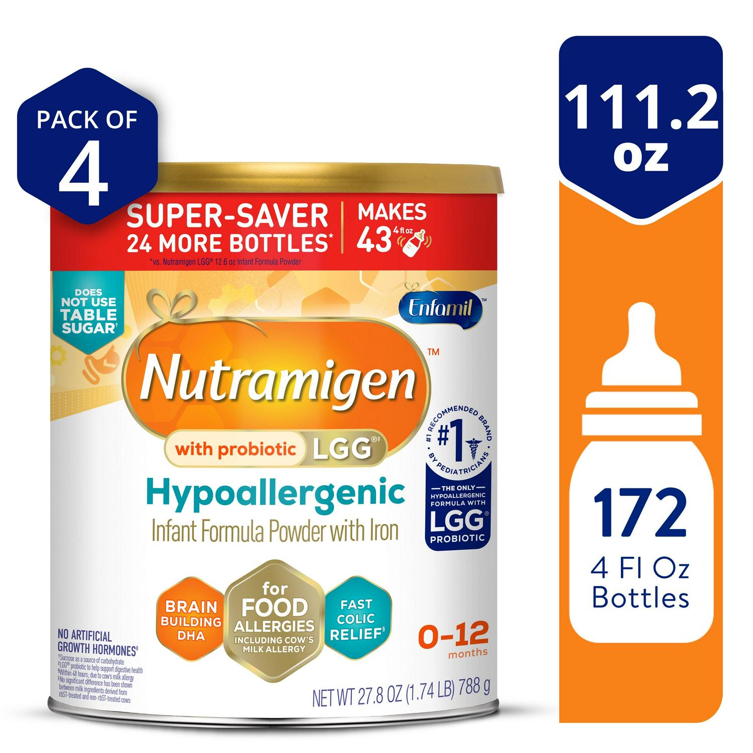 Nutramigen With Probiotic LGG Hypoallergenic Powder Baby Formula, 27.8 oz Can, 4 Count