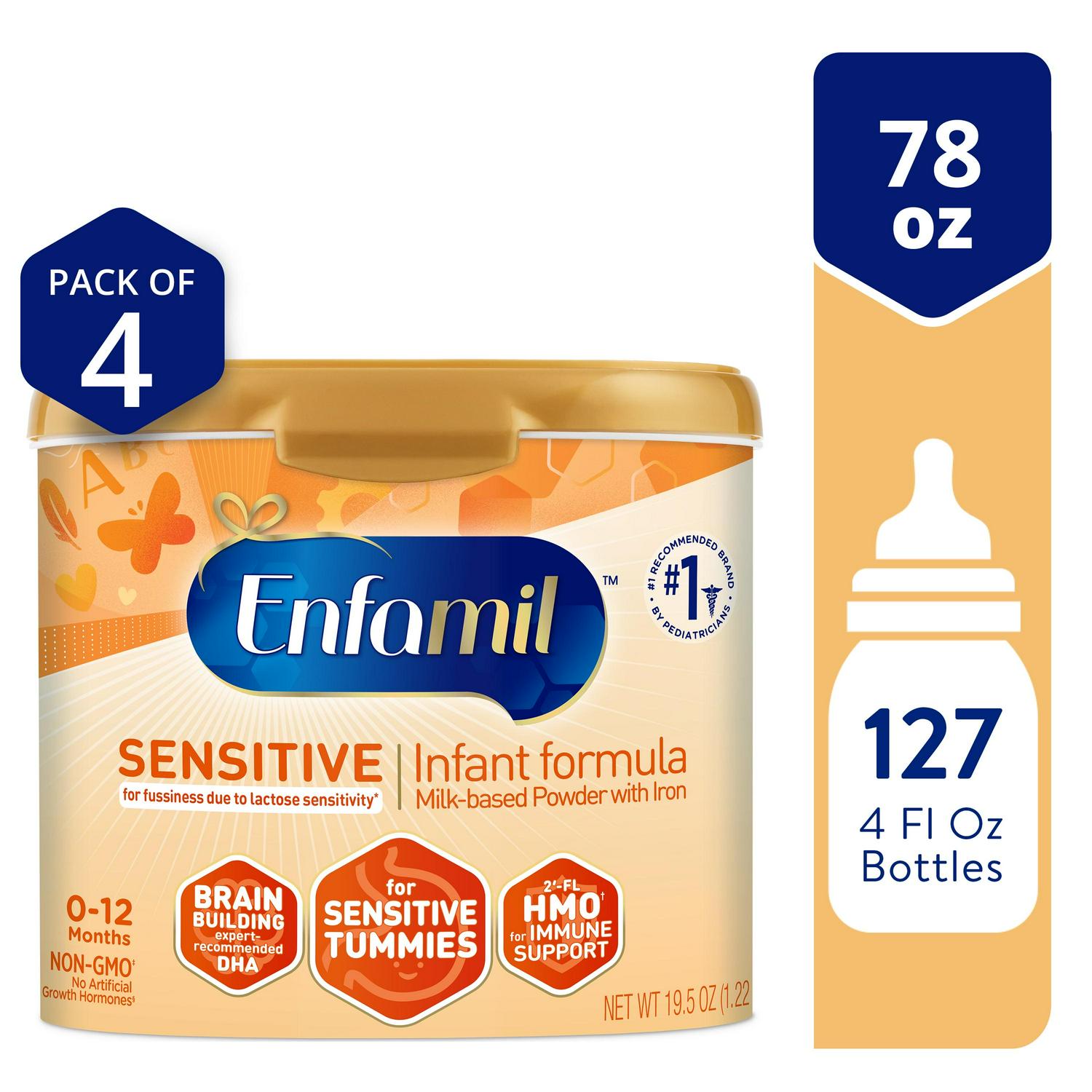 Enfamil Sensitive Powder Baby Formula For Lactose Sensitivity, 19.5 Oz Tub, 4 Pack