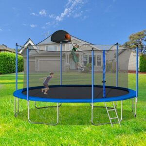 Euroco 14 FT Round Trampoline with Basketball Hoop, Safety Enclosure and Ladder, Outdoor Trampoline for Adults and 6-7 Kids, High Duty and Safety Outdoor Trampoline
