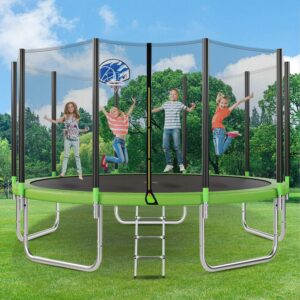 Euroco 15FT Trampoline with Basketball Hoop and Safety Net for Adults and 7-8 Kids, 1500LBS Outdoor High Duty Safety Trampoline, Green