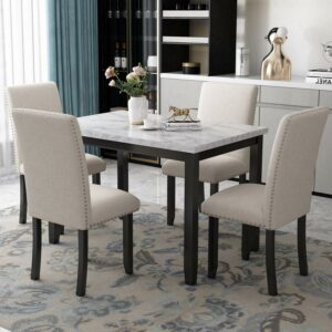 Euroco 45.3" 5-Piece Dining Table Set,Dining Room Table with One Rectangular Marble Dining Table and 4 Rubber wood Thicken Cushion,Kitchen Table and Chairs for 4