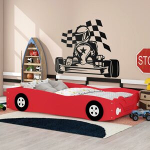 Euroco Car-Shaped Twin Size Platform Bed with Tires and Storage Cabinet for Kids Bedroom, Dark Blue