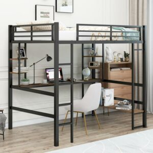 Euroco Twin Size Metal Loft Bed with Study Desk and USB Charging Station, Black