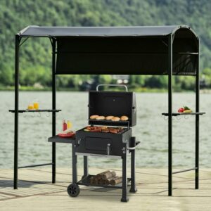Euroco Grill Gazebo 7x4.5FT Outdoor Iron Gazebo Backyard Patio BBQ Grill Gazebo with Bar Counters and Hooks, Gray