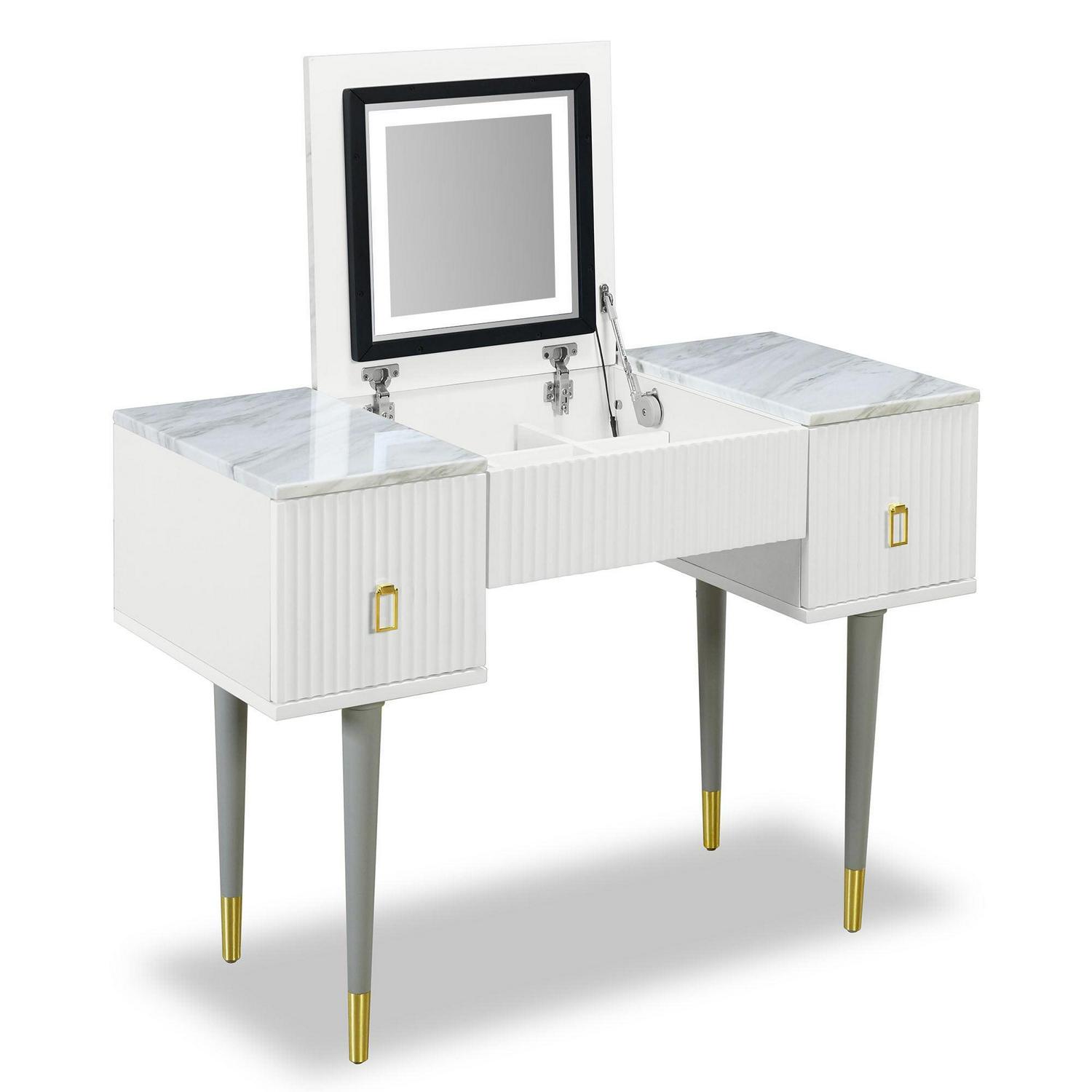 Euroco Modern Vanity Set with Flip-top Mirror and LED Light, Dressing Table with 2 Drawers, 43.3" Makeup Table, White and Gray - Image 6