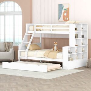 Euroco Pine Wood Twin over Twin Bunk Bed, Storage Bed with Cabinets and Shelves for Kids Teens, Sapce-Saving Design, White
