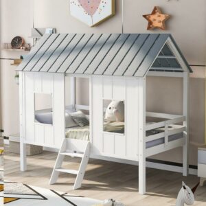 Euroco Wood Twin Size House Bed with Ladder for Kids Teens, Low Loft Bed, White
