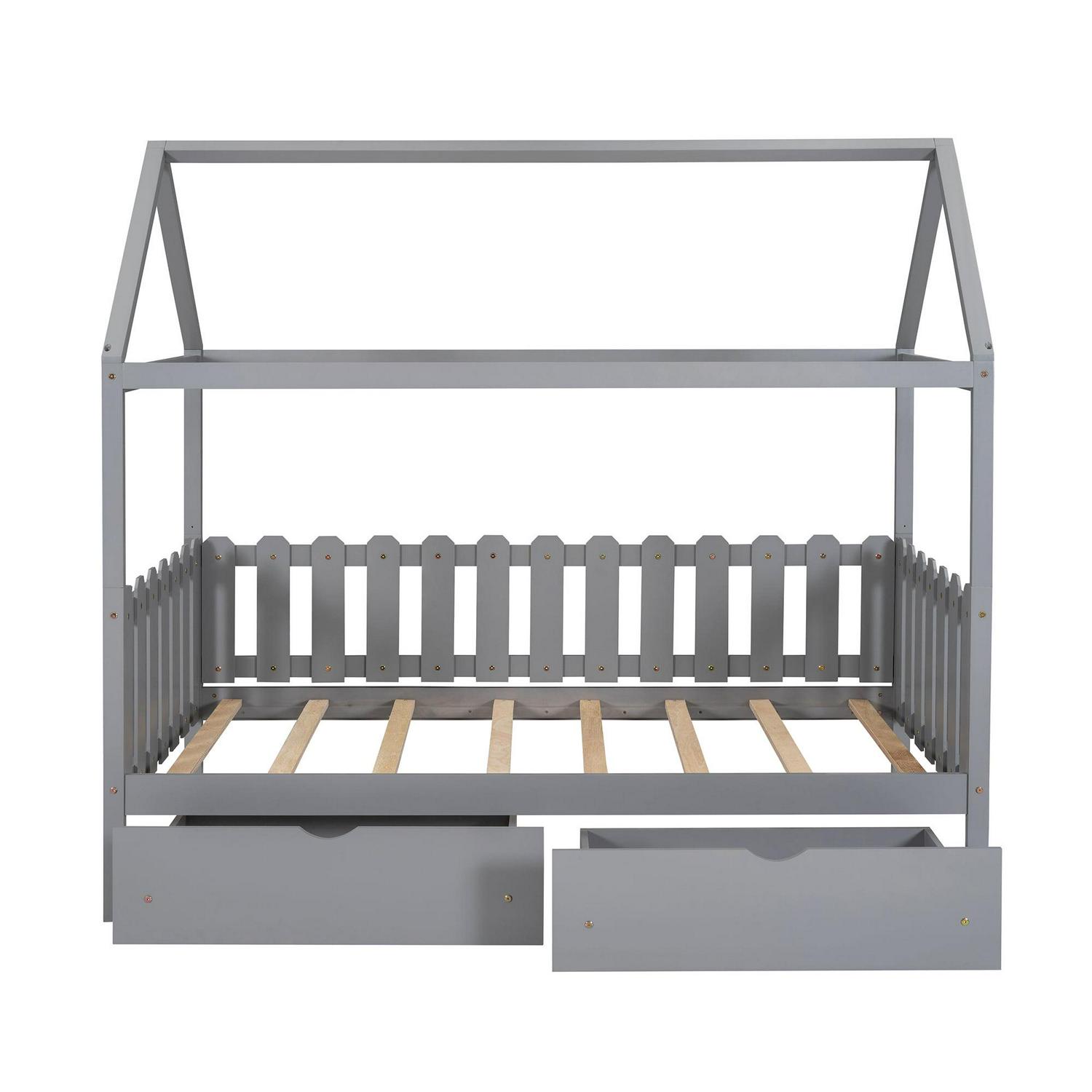 Euroco Twin Size Platform Bed, House Bed with Fence for Kids, Gray - Image 5