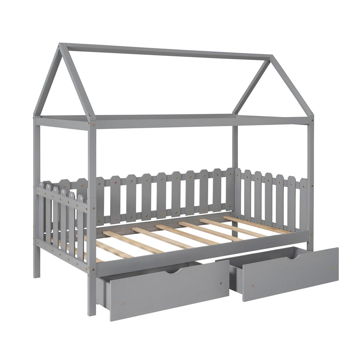 Euroco Twin Size Platform Bed, House Bed with Fence for Kids, Gray - Image 6