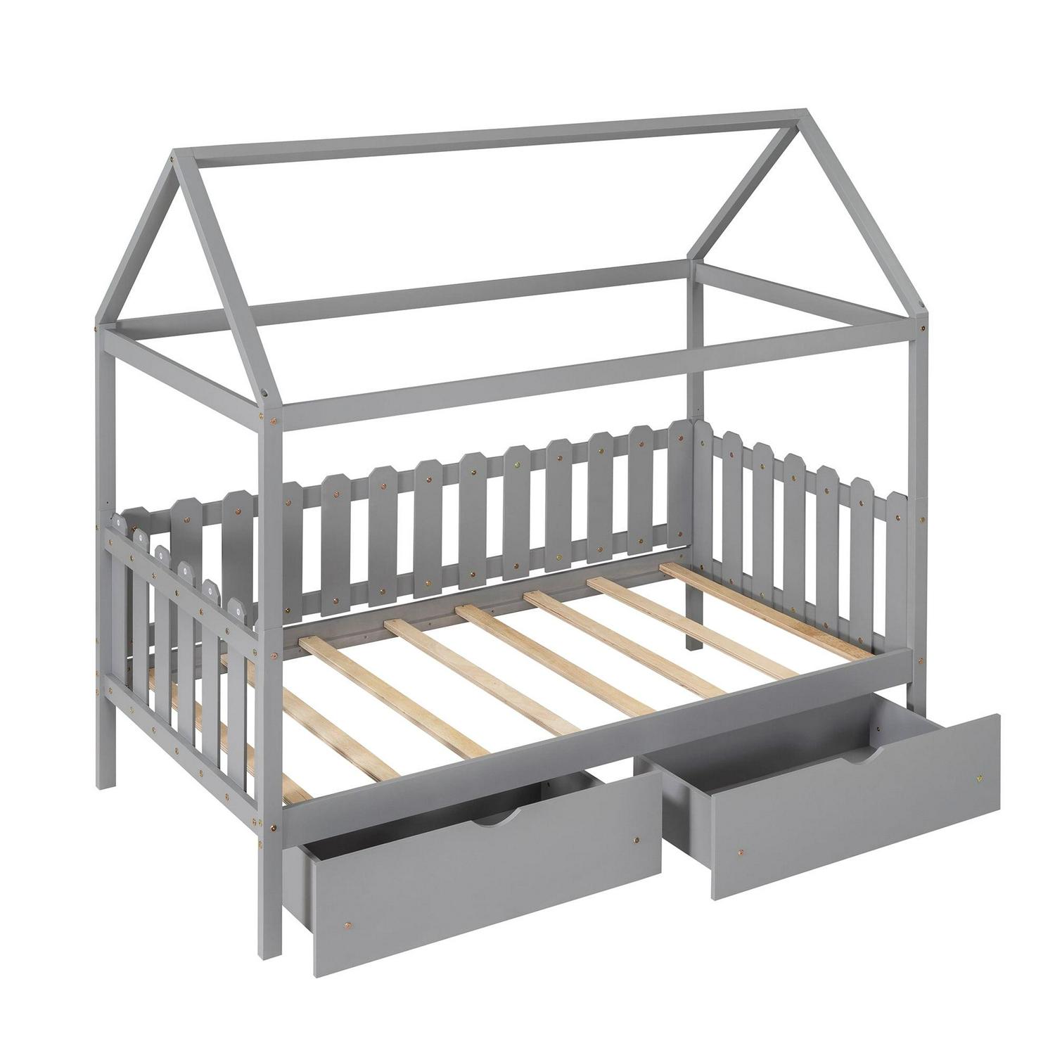 Euroco Twin Size Platform Bed, House Bed with Fence for Kids, Gray - Image 8