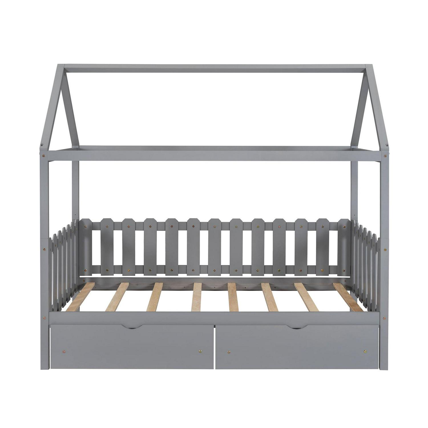 Euroco Twin Size Platform Bed, House Bed with Fence for Kids, Gray - Image 4