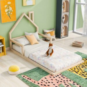 Euroco Twin Size Wood Floor Bed for Kids Room, Toddler House Bed, Natural