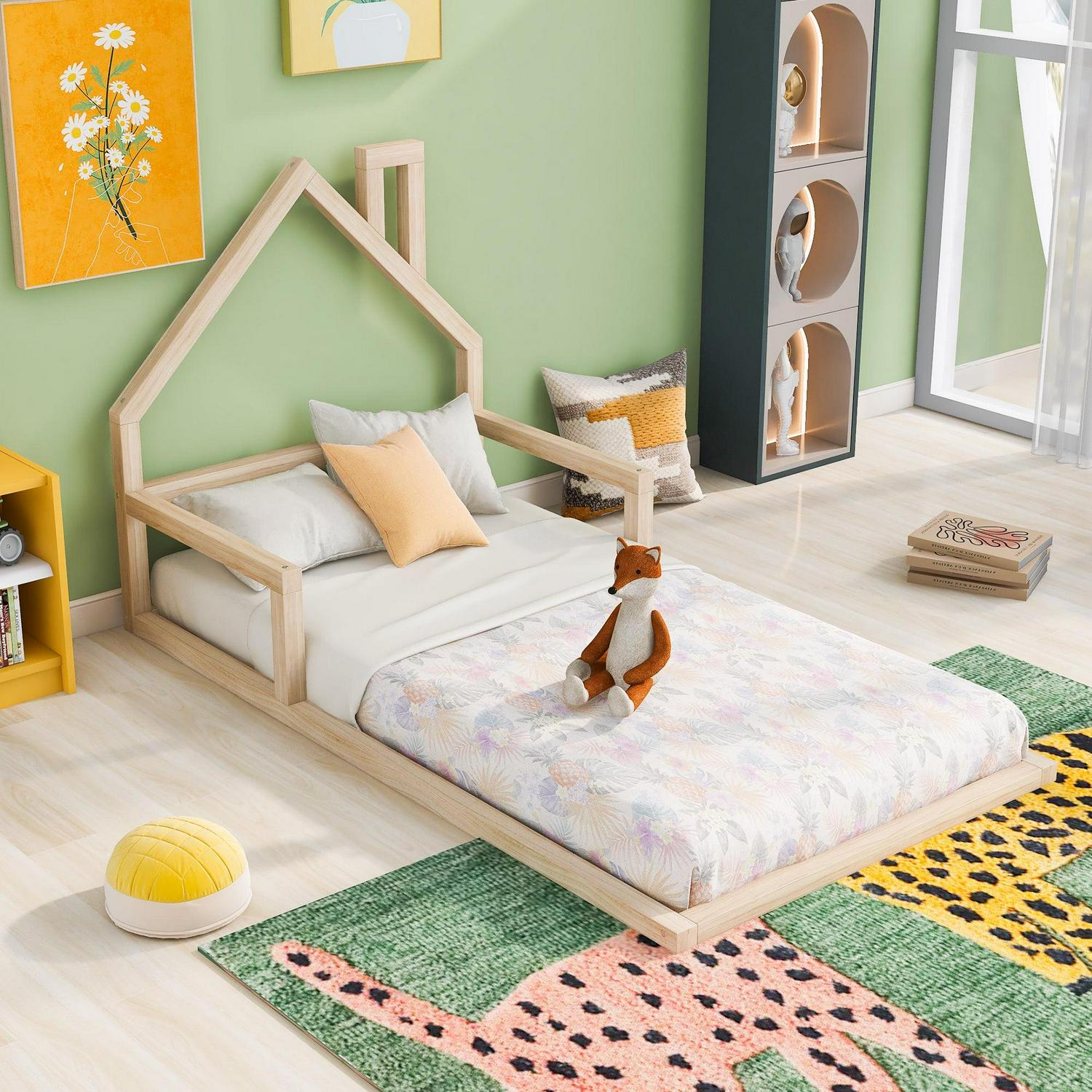 Euroco Twin Size Wood Floor Bed for Kids Room, Toddler House Bed, Natural