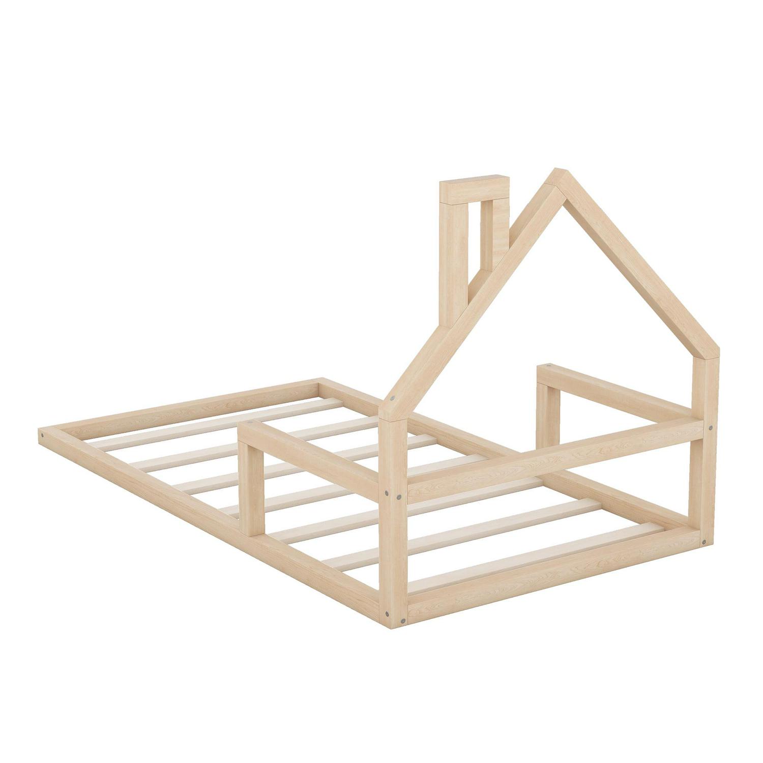 Euroco Twin Size Wood Floor Bed for Kids Room, Toddler House Bed, Natural - Image 6