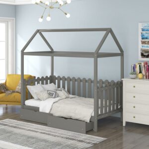Euroco Twin Size Platform Bed, House Bed with Fence for Kids, Gray