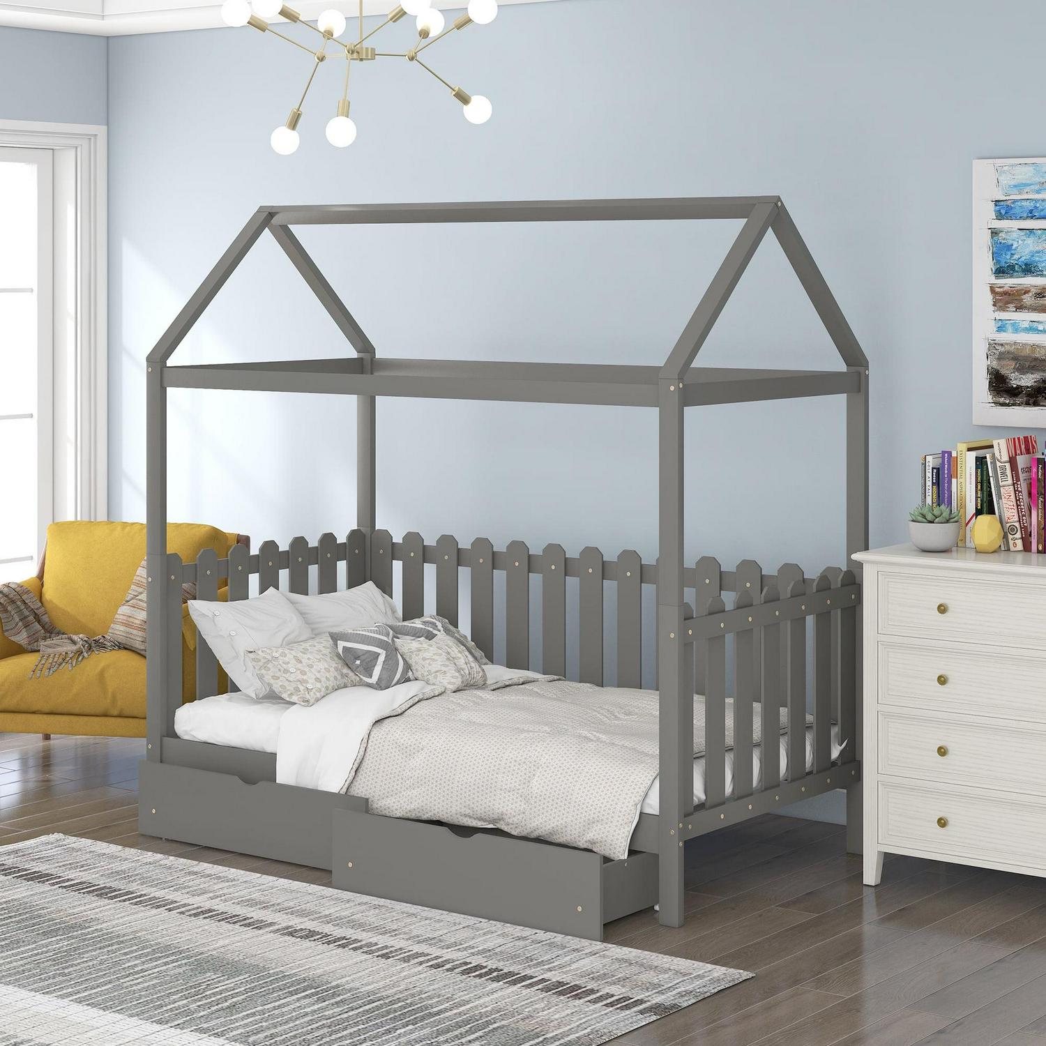 Euroco Twin Size Platform Bed, House Bed with Fence for Kids, Gray