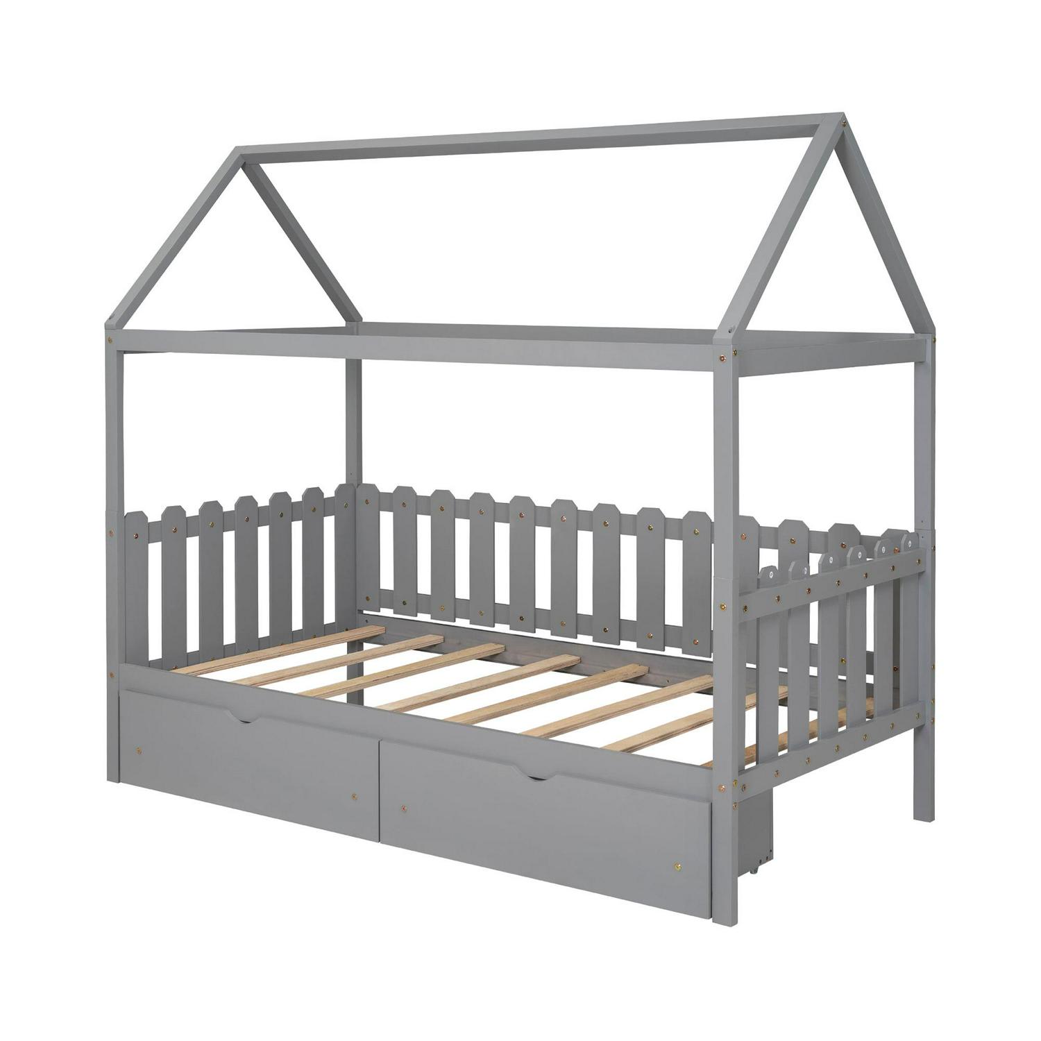 Euroco Twin Size Platform Bed, House Bed with Fence for Kids, Gray - Image 12