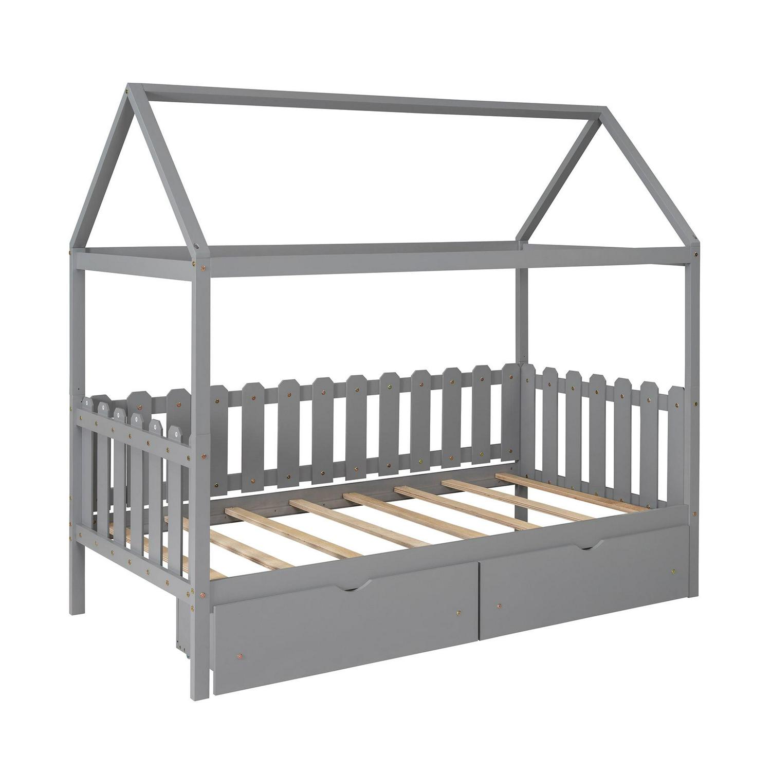 Euroco Twin Size Platform Bed, House Bed with Fence for Kids, Gray - Image 7