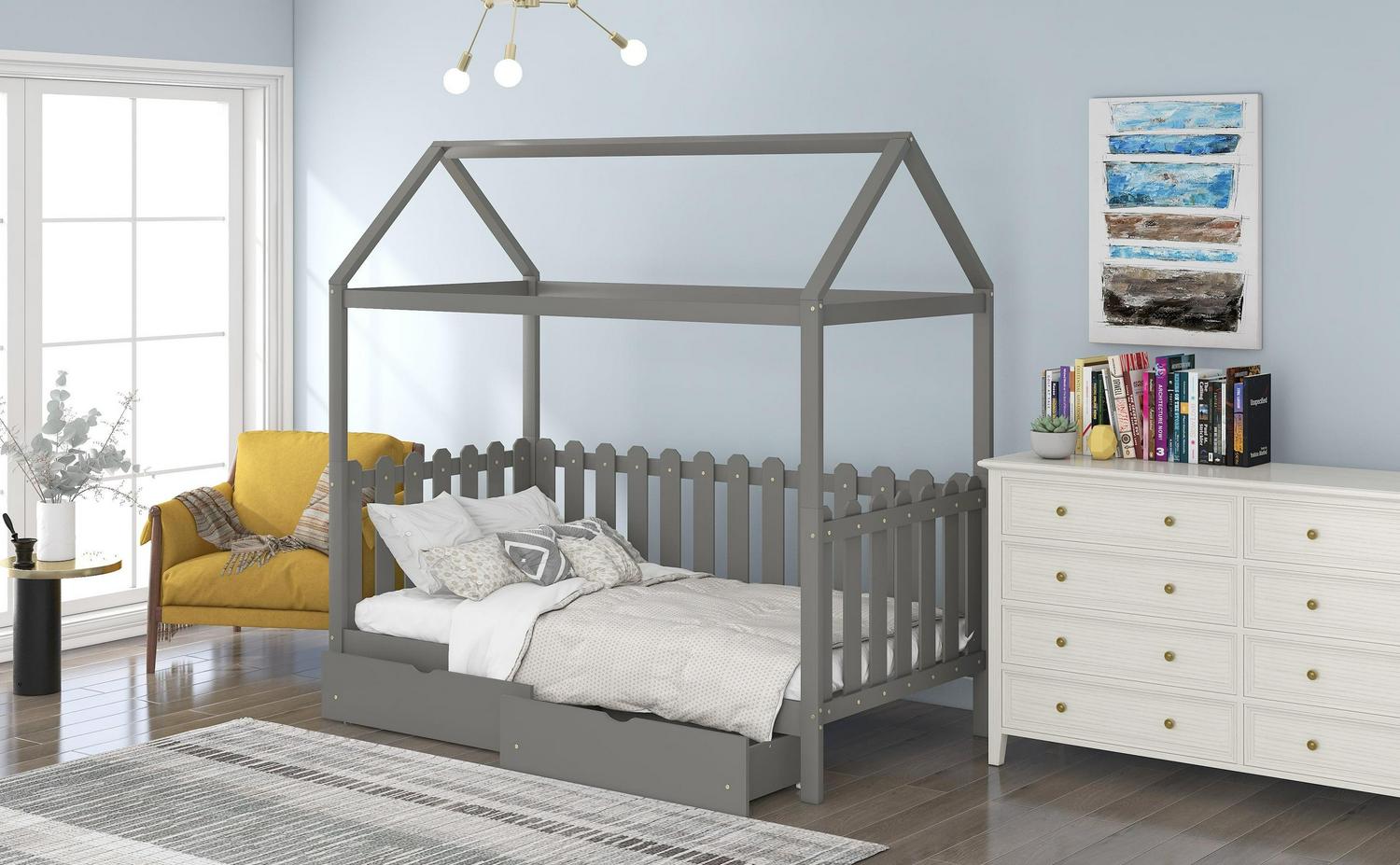 Euroco Twin Size Platform Bed, House Bed with Fence for Kids, Gray - Image 3