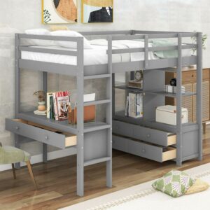 Euroco Full Size Wood Loft Bed with Desk and Shelves, Gaming Bed with LED Light and USB Charging Station, Black