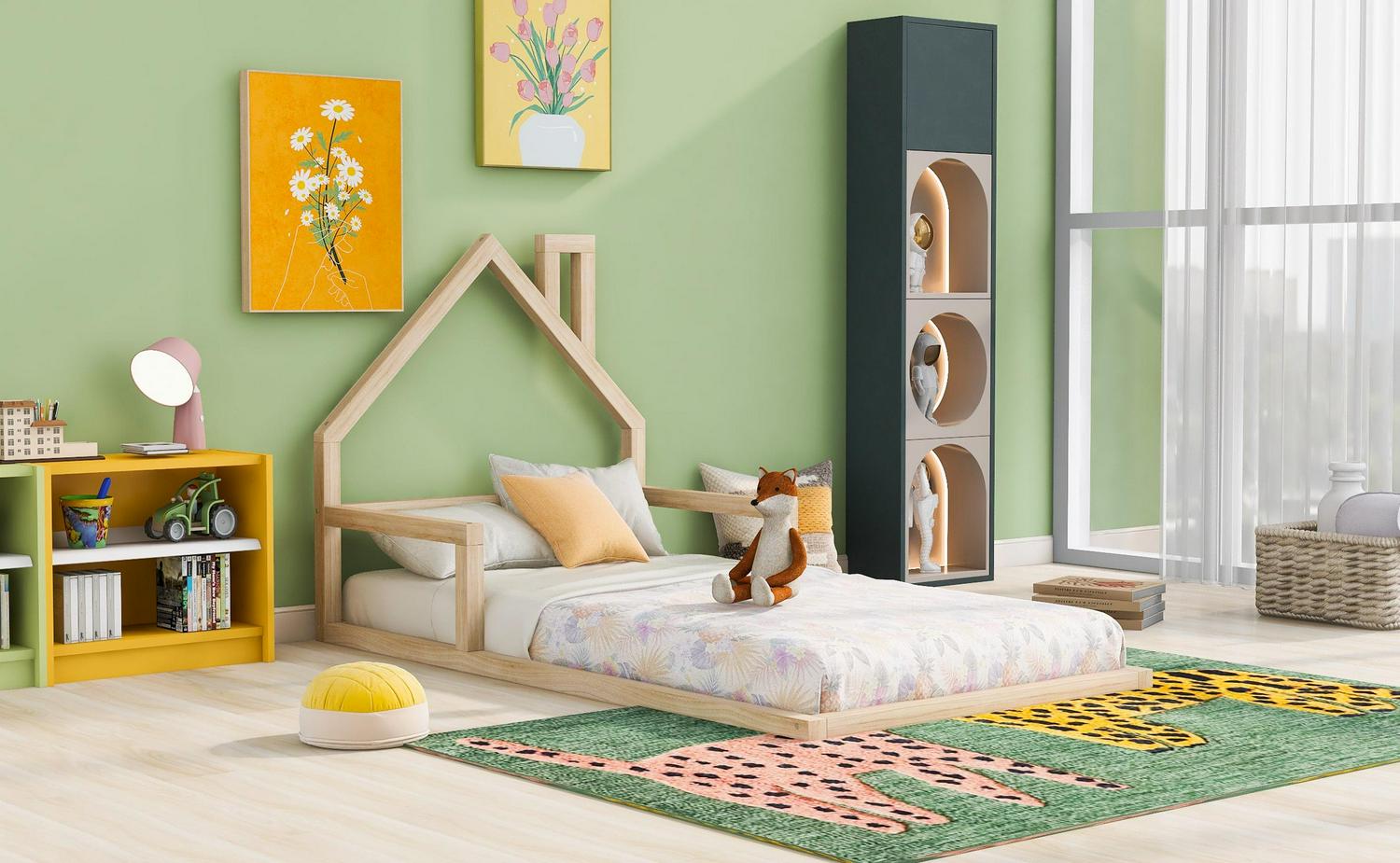 Euroco Twin Size Wood Floor Bed for Kids Room, Toddler House Bed, Natural - Image 3