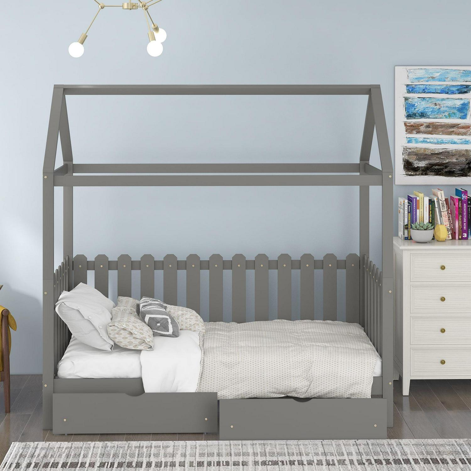 Euroco Twin Size Platform Bed, House Bed with Fence for Kids, Gray - Image 2