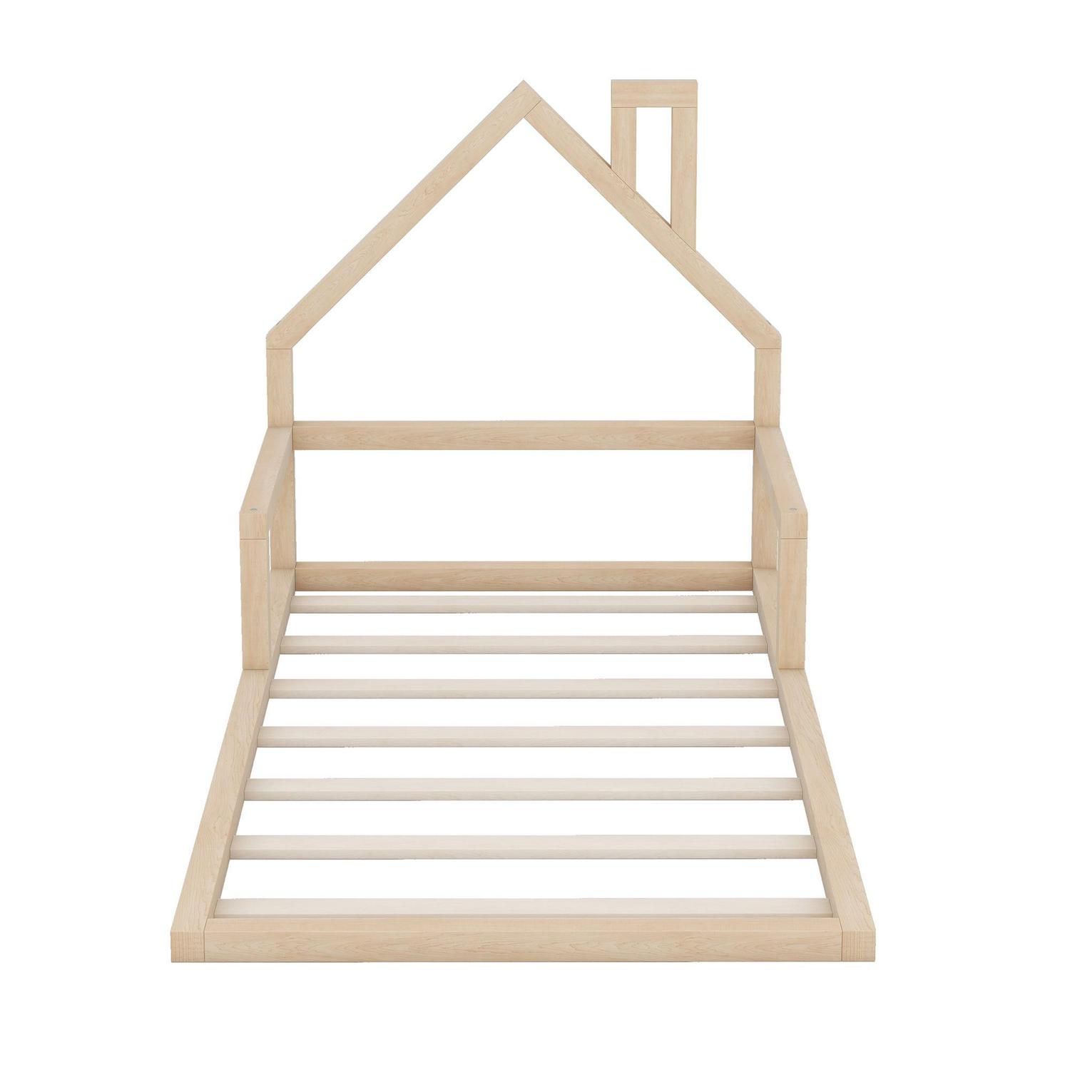 Euroco Twin Size Wood Floor Bed for Kids Room, Toddler House Bed, Natural - Image 8