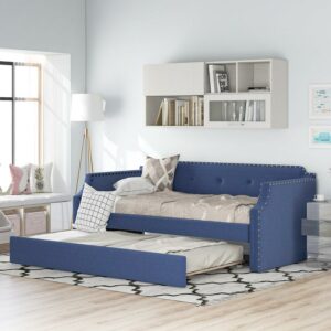 Euroco Twin Upholstered Daybed Linen Tufted Sofa Bed with Trundle, Solid Wood Frame for Bedroom, Blue