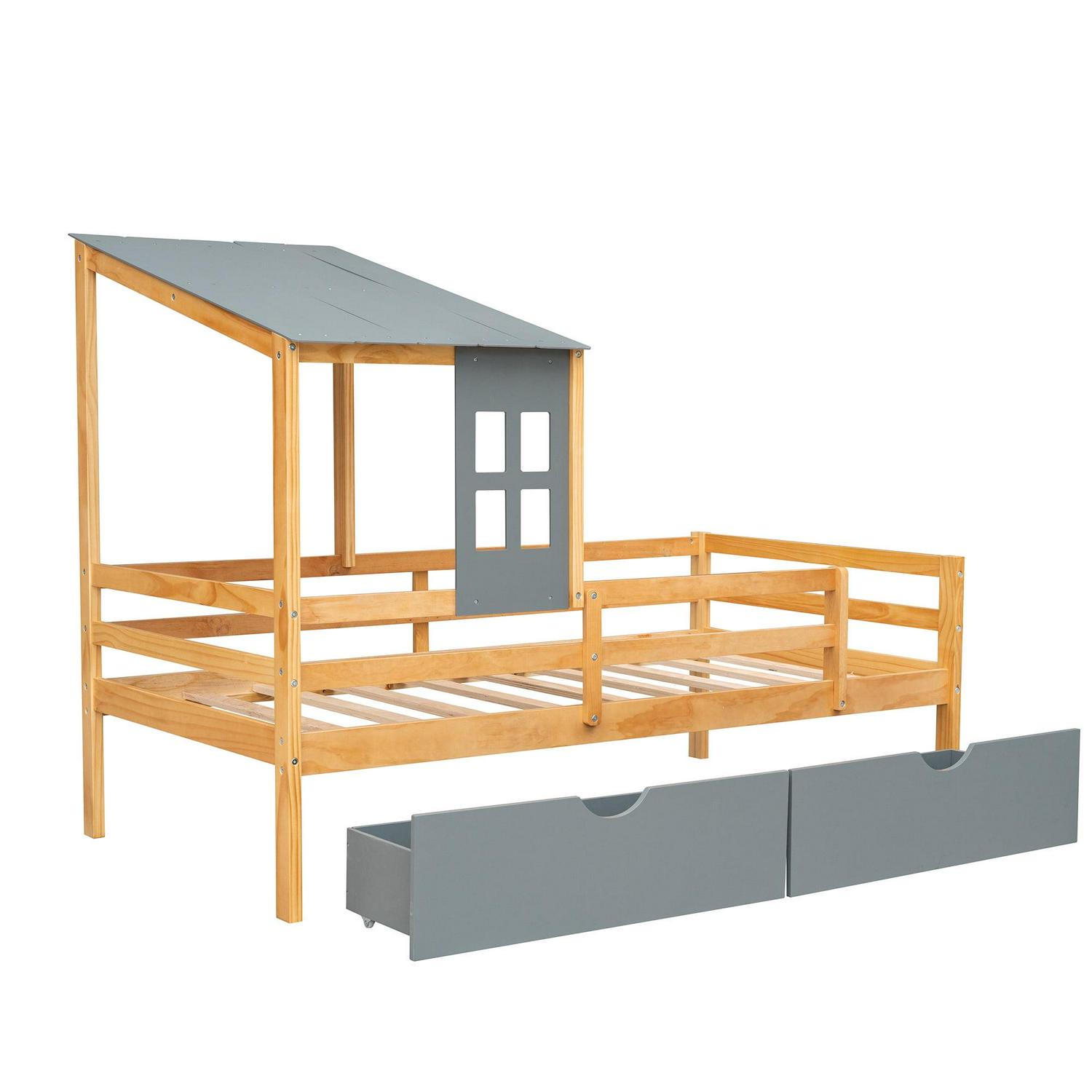 Euroco Wood House Platform Bed with Trundle for Kids Teens Room, Semi-Close House Bed with Roof, Gray - Image 9