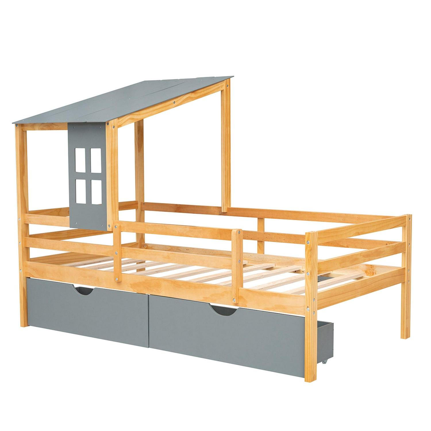 Euroco Wood House Platform Bed with Trundle for Kids Teens Room, Semi-Close House Bed with Roof, Gray - Image 5